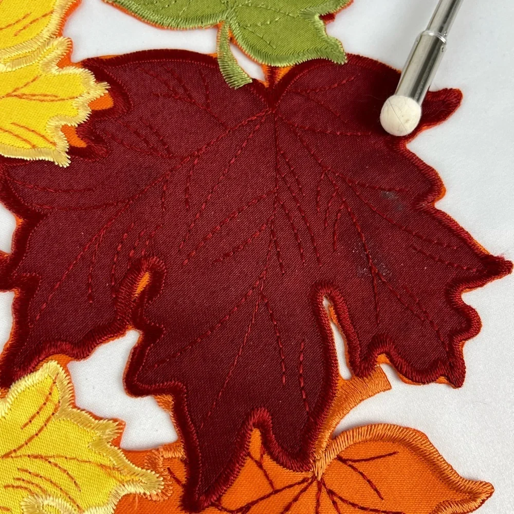 Trio of Placements/Chargers (3) Round Leaf Orange Burgundy Yellow Green Fabric
